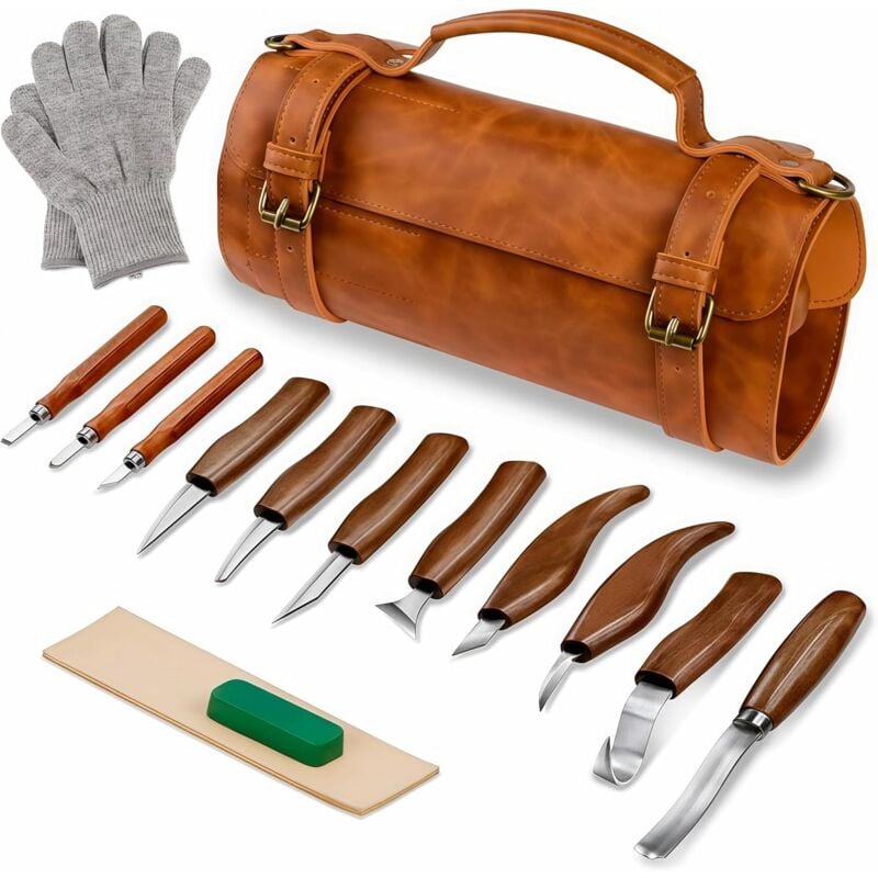 Outil Ciseaux Bois Kit 14Pcs - Outils Couteau Sculpture Bois Professionnel DIY Gouge a Bois Kit avec Gants anti-coupures pour Débutants Sculpteurs