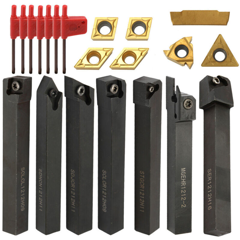 Gabrielle - Outil cnc 7 pièces 12 mm, ensemble de supports d'outils de tournage pour tour à métal avec inserts en carbure de tungstène et clé –