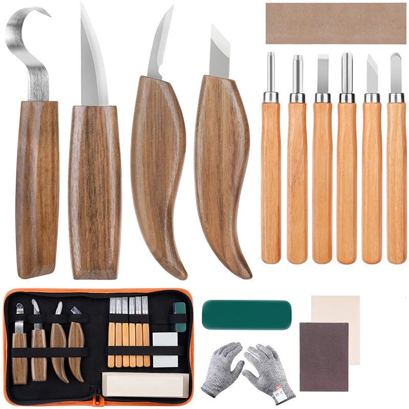 Outil de Ciseaux à Bois Kit, 15 Pièces DIY Outils de Sculpture avec Gants Résistants aux Coupures, Couteau de Sculpture pour Sculpteur, Charpentier,