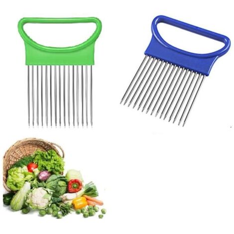 Outil de Découpe pour Oignon - Support en Acier Inoxydable - Trancheuse à Oignon - Bleu et Vert - 2 Pcs