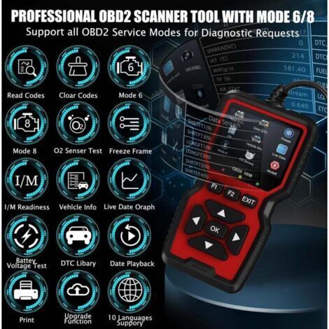 Outil de diagnostic OBD2, scanner OBD2, lecteur de codes défauts moteur avec fonction de réinitialisation, Modus 6, Modus 8 et fonction de préparation I/M, outil de diagnostic automobile