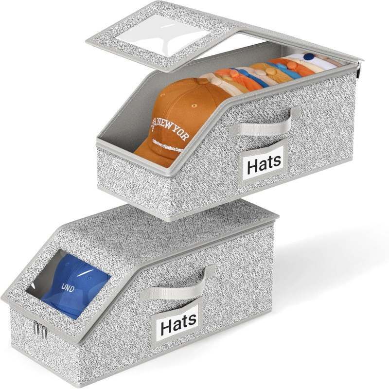 Lot de 2 Boîtes de rangement pour chapeaux - Organisateur de casquettes de baseball - Dimensions : 41 x 22 x 16,7 cm - Gris