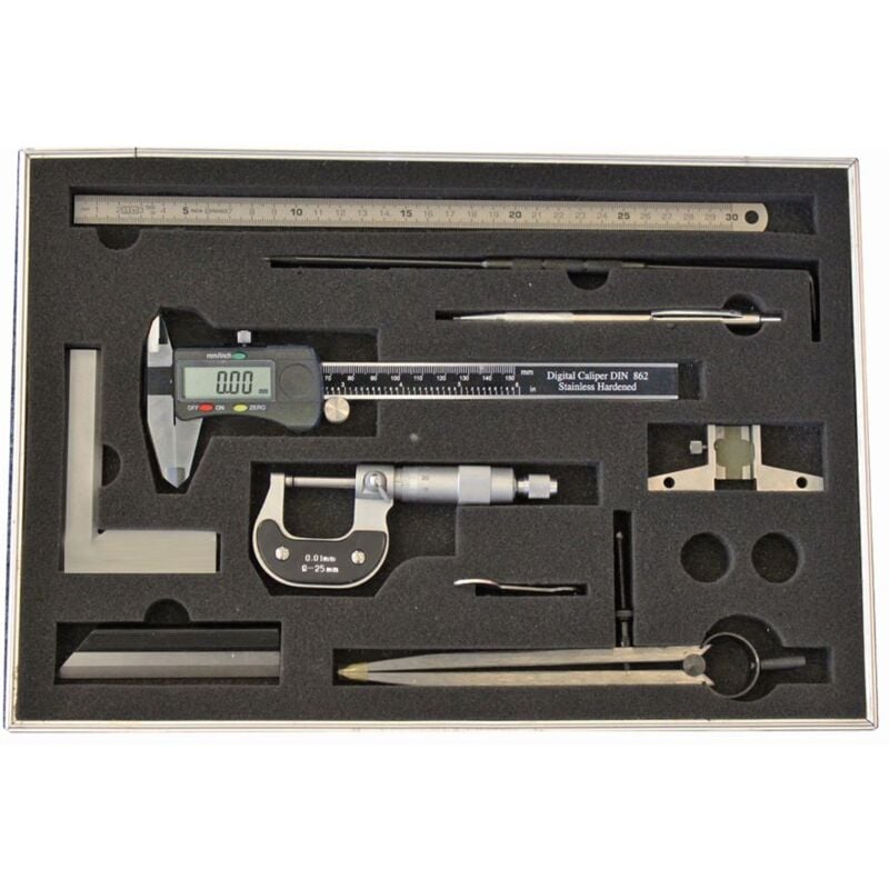 Ensemble de 9 outils de mesure pied à coulisse digital 150 mm règle 300 mm micromètre 0-25 mm équerre 100x70 mm etc mib CMS92