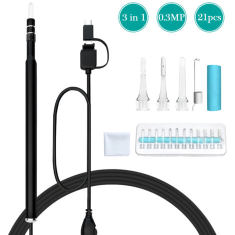 Outil de nettoyage auriculaire 3-en-1 USB avec endoscope, lumière LED, caméra 0,3 MP, cure-oreilles, compatible Android, micro USB et PC (OTG)