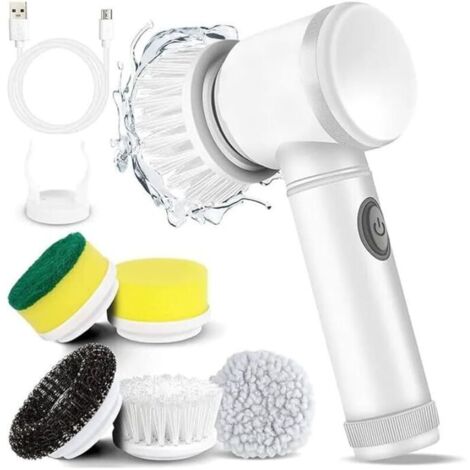 Outil de nettoyage de cuisine USB 5 en 1, brosse de nettoyage pour salle de bain, baignoire, essoreuse, brosse de nettoyage électrique pour évier, blanc