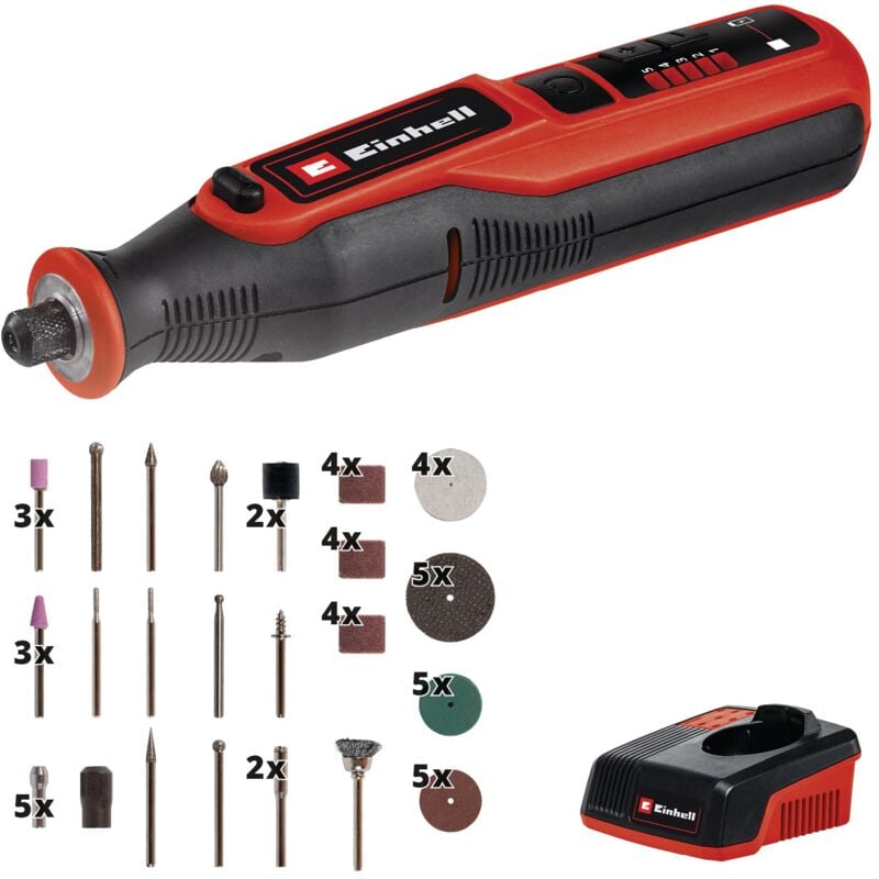 Einhell Outil Rotatif multifonction sans fil TE-MT 7,2 Li (7,2V, 5500-26000min-1, LED, avec jeu d'accessoires de 57 pièces, boîte de rangement)
