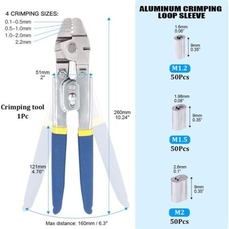 Outil de sertissage de câble métallique jusqu'à 2,2 mm avec 150 pièces de 3 tailles en aluminium à double barillet
