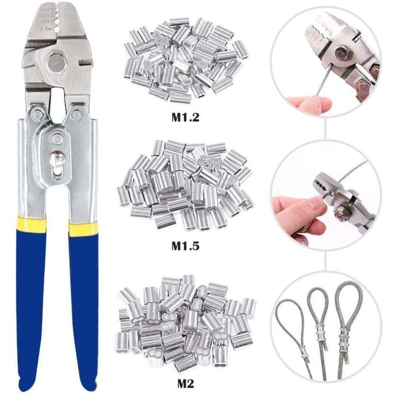Outil de sertissage pour cable métallique jusqu'à 2,2 mm avec 150 manchons de sertissage double barillet en aluminium de 3 tailles