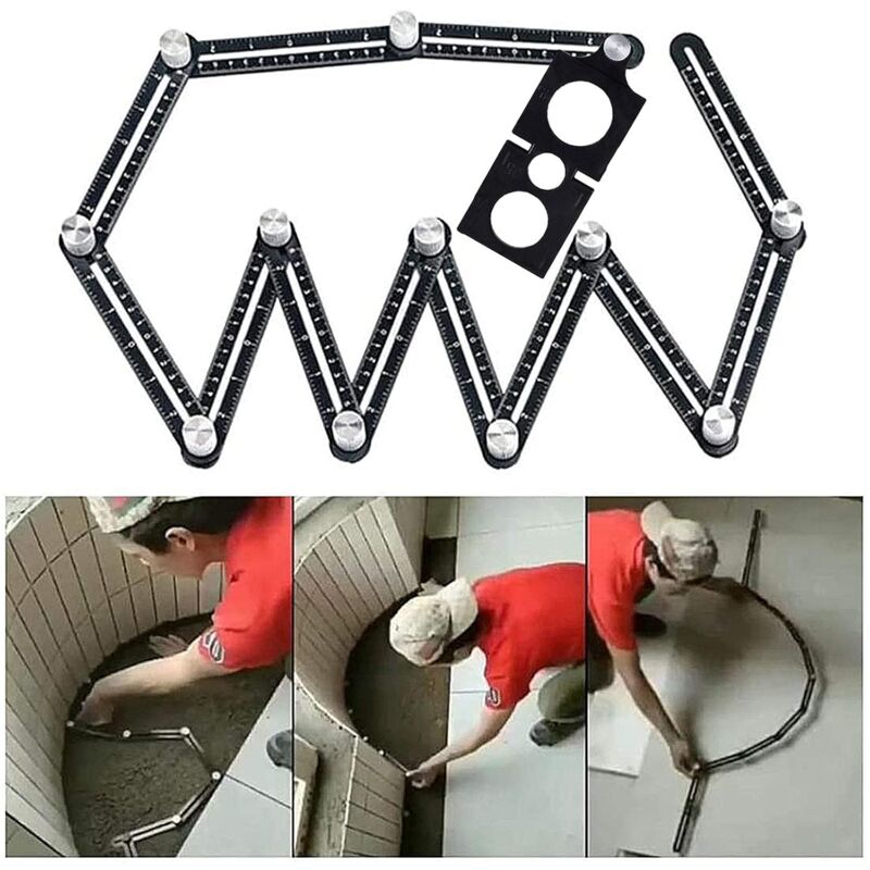 Serbia - Outil de Template - Gabarit d'angle - Règle de mesure multi-angle - En alliage d'aluminium - 12 côtés - Outil de tuiles avec trou - Noir