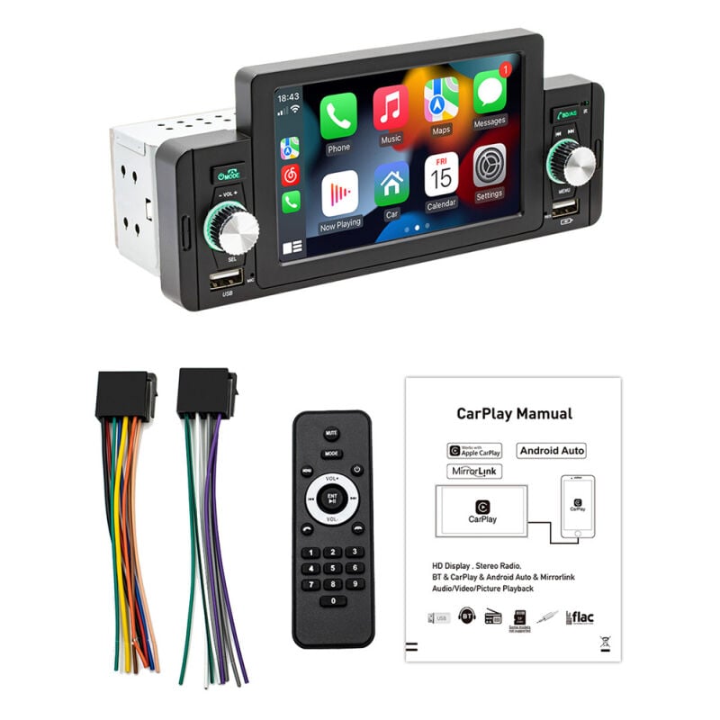 LIFCAUSAL Autoradio 5' MP5 Bluetooth FM avec Carplay/Android Auto Appel Mains Libres, Charge USB, Aide au Stationnement et Contrôle Volant Lecteur