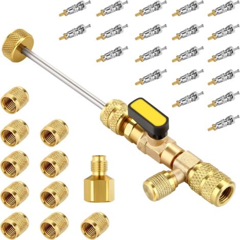 Outil d’installation de valve avec double port SAE 1/4 et 5/16, 20 noyaux de valve avec joint en téflon et 10 écrous en laiton, compatible avec R22 R12 R407 R410 R404 R32 R600 A/C