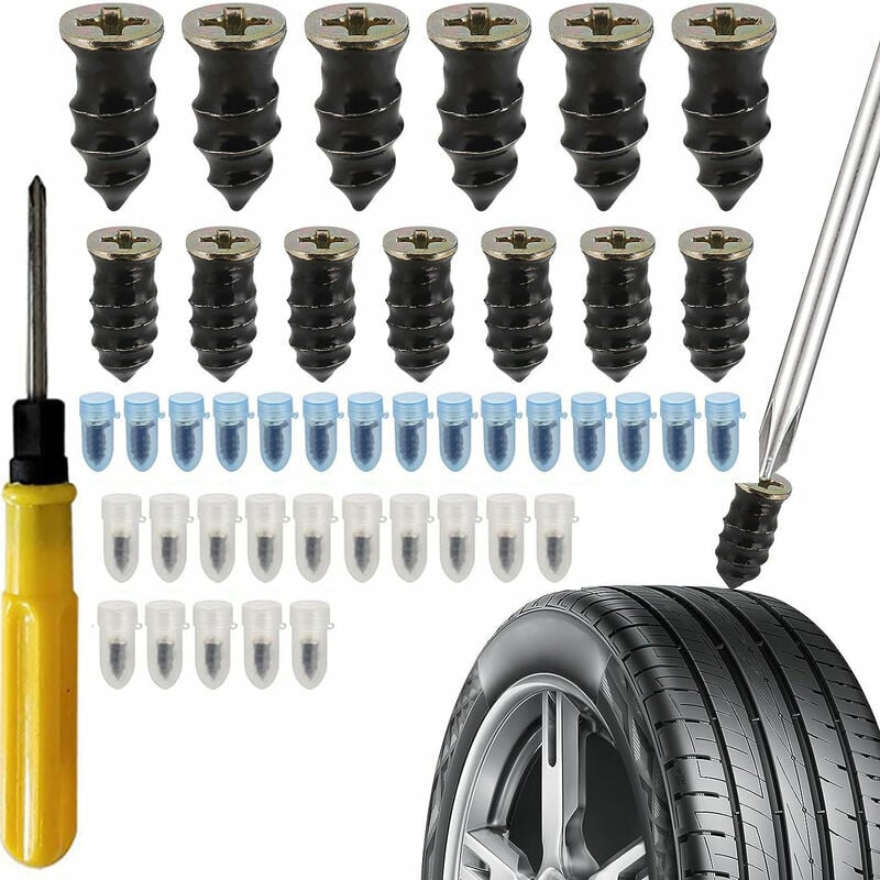 Outil du mécanicien, 30 Clous en Caoutchouc pour réparation de Pneu de Voiture et Moto,avec Tournevis, Clous en Caoutchouc de Pneu sous Vide, Clou