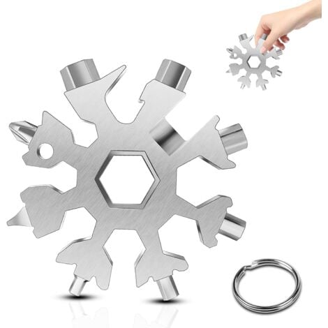 Outil Flocon Neige Outil multifonction en acier inoxydable 18-en-1, pour Les Voyages Quotidiens Camping Adventure multifonction portatif Mini Tools Cadeau Noel (argent)