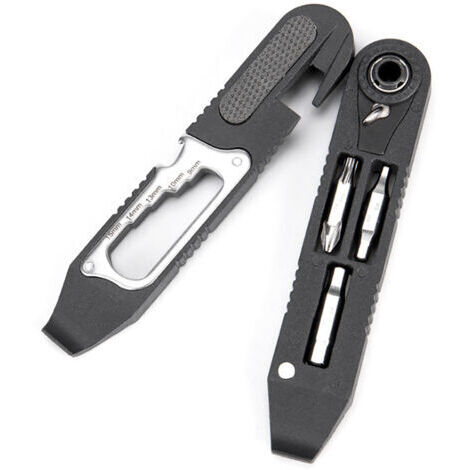 Outil multifonction 16 en 1 pour vélos avec cliquet, démonte-pneu et mini kit de réparation pour chambres à air et crevaisons.