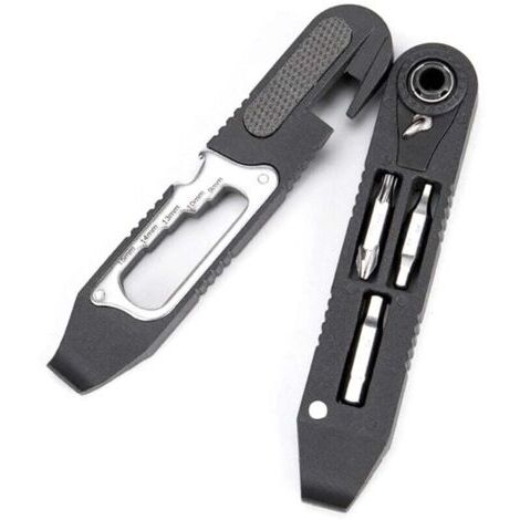Outil multifonction 16 en 1 pour vélos avec cliquet, démonte-pneu et mini kit de réparation pour chambres à air et crevaisons.
