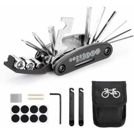 Outil multifonction de vélo, outils 16 en 1 pour sac d'outils portables de vélo avec outil à chaîne et levier de correction de pneu, patch de vélo auto-adhésif, etc.