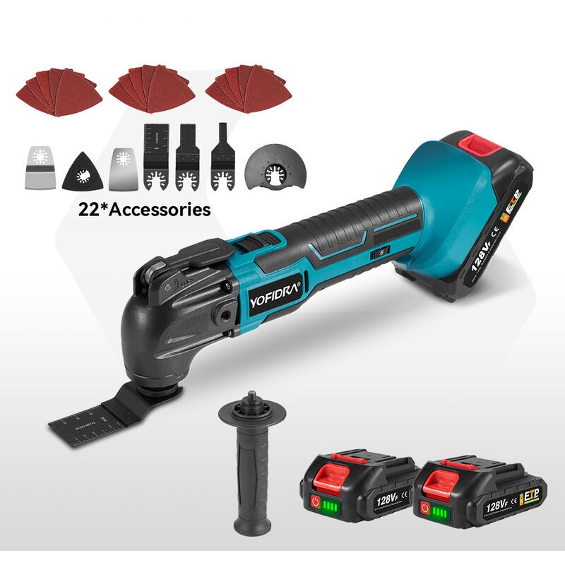 Outil Multifonction Oscillant , 6 Vitesses Réglables, avec 22 Accessoires, Angle d'Oscillation de 4°,Avec deux batteries 128vf