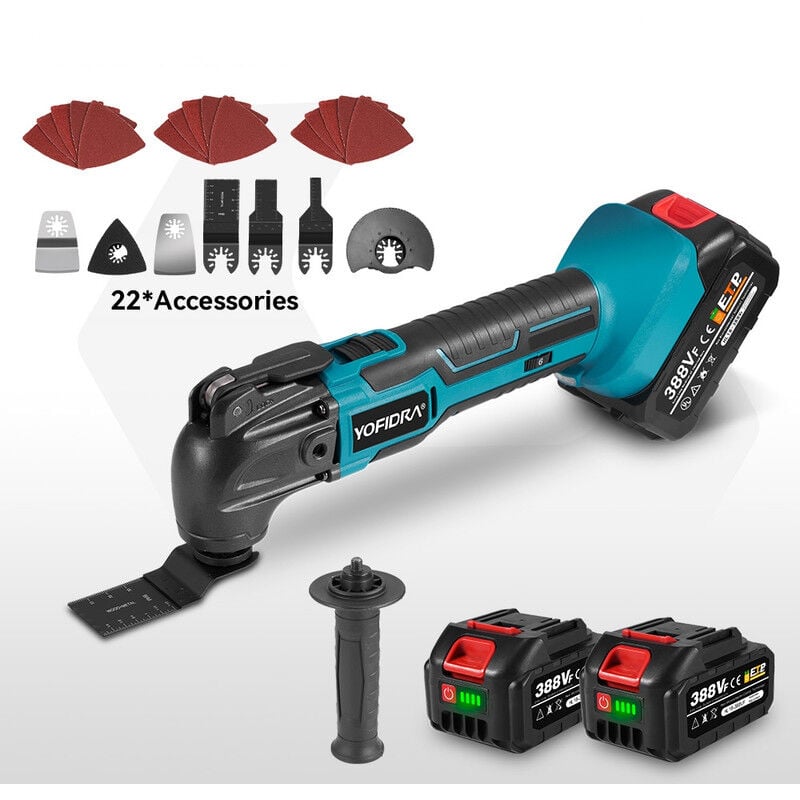 Outil Multifonction Oscillant , 6 Vitesses Réglables, avec 22 Accessoires, Angle d'Oscillation de 4°,Avec deux batteries 388vf