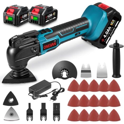 Outil Multifonction Oscillant sans Fil, 2  4.0Ah Batteries, Multitool Oscillant, 4° Angle d'Oscillation & 6 Vitesses 20000 RPM, pour Coupe Ponçage Polissage (Bleu) Bleu -