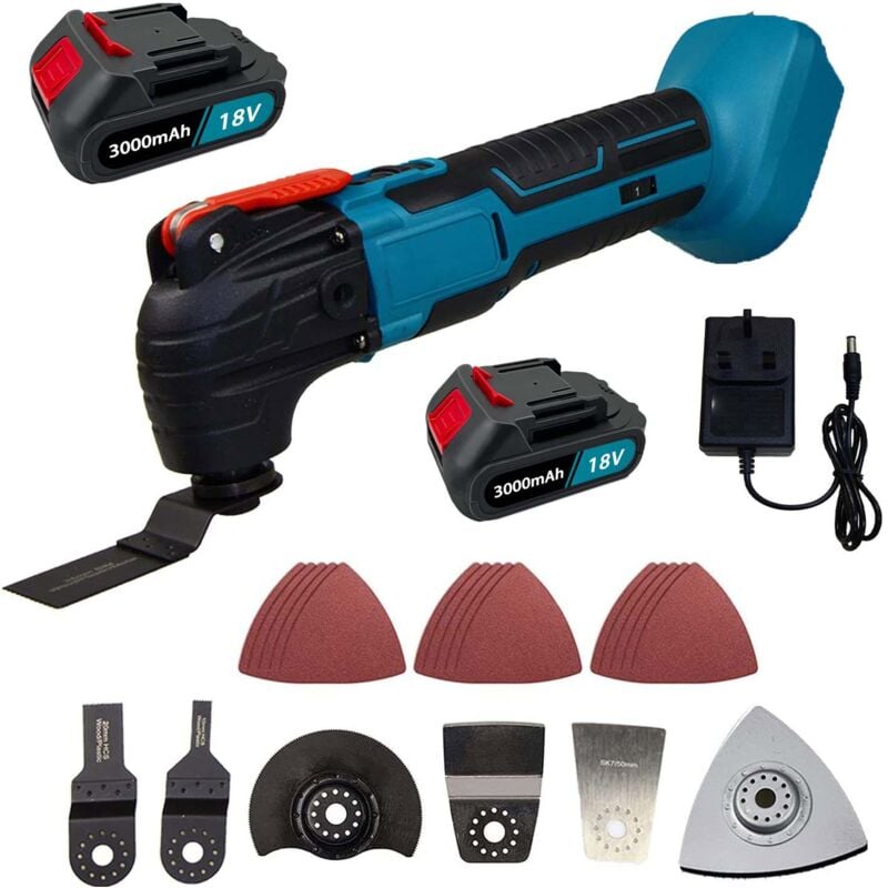 Outil multifonction oscillant sur batterie, outil multifonction sans balais 18V 6 vitesses différentes, 22 kits d'accessoires (2x 3.0ah batterie et