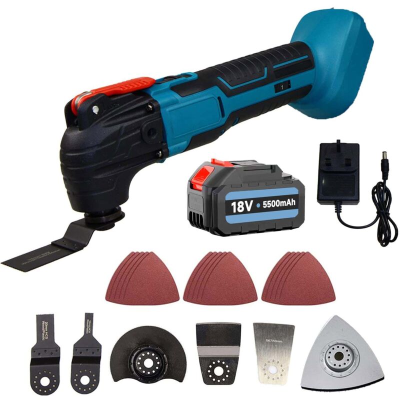 Outil multifonction oscillant sur batterie, outil multifonction sans balais 18V 6 vitesses différentes, ensemble de 22 accessoires (batterie 1x 5.5ah