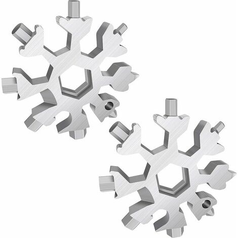 Outil multifonction　Outil Flocon Neige Outil multifonction en acier inoxydable 18-en-1,portatif Porte-clés Tournevis Ouvre Bouteille Outil Venez avec boîte-cadeau (Pack de 2, Argent)