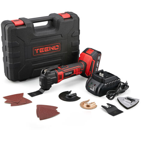 Outil multifonctions sans fil TEENO avec 15 pcs accessoires (Livré avec 1 batterie 20V - 2,0Ah et chargeur, système 20V) - Rouge