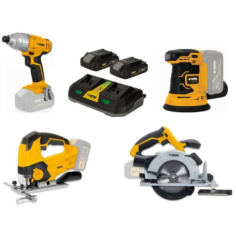 Pack 4 Outils sans fil 20V + 2 Batteries lithium 2.0 Ah + Chargeur double VITO