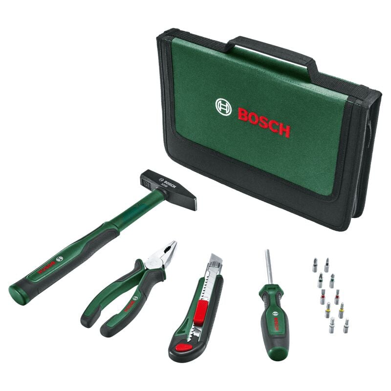 Outils à main Bosch Easy Starter (pince combinée, tournevis, cutter, marteau, 10 embouts, ensemble de 14 pièces)