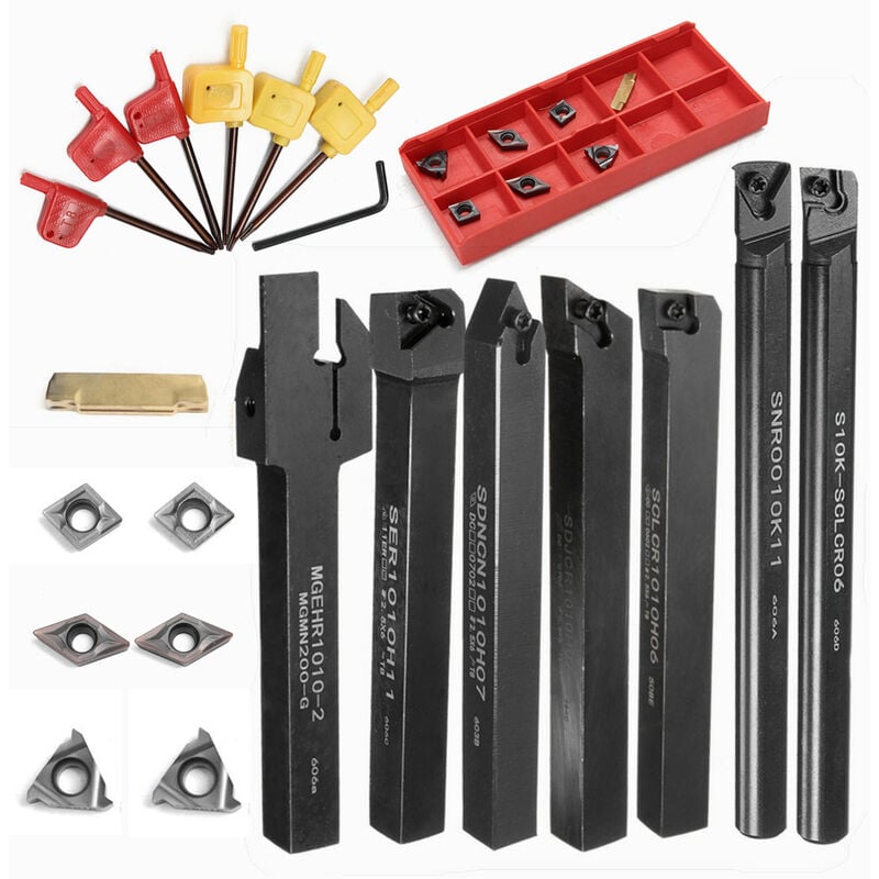 Osqi - Cutting Tools 10mm 7pcs Shank Lathe Turning Tool Holder Boring Bar with 7pcs Carbide Insert and Wrench Wrenches