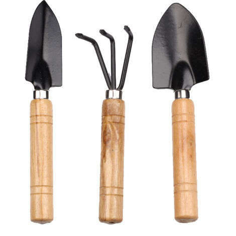 Outils de jardin manche en bois épais râteau à trois dents pelle pointue grand ensemble de trois pièces de jardinage noir mini ensemble de pelle à fleurs de sol multi-succulent