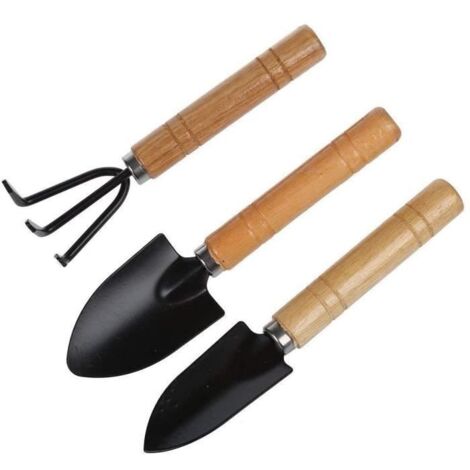 Outils de Jardinage - 3 Mini Outils à Manche en Bois : Râteau, Pelle et Bêche - Noir