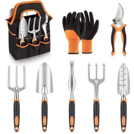 Outils de Jardinage, 8 Pièces Ensemble d'outils de Jardin avec Sac de Rangement, Râteaux,Transplanter, Gants del, Cadeaux de kit Jardinage pour Homme et Femme