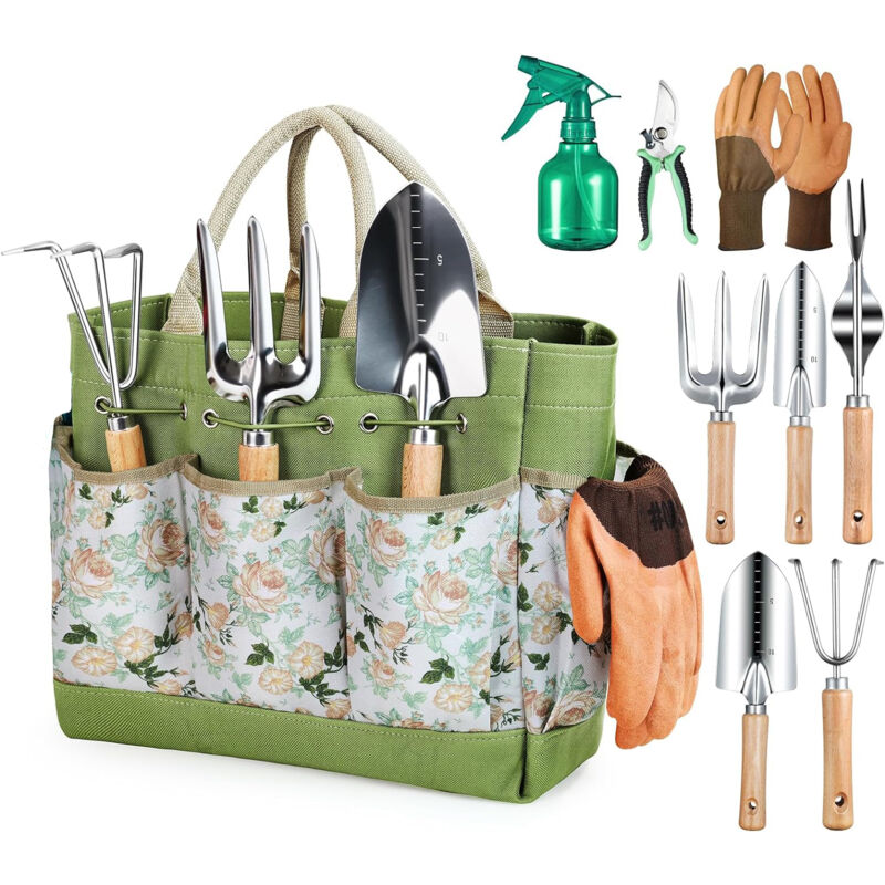Houhence - Outils Jardinage, 9 pièces Ensemble de Jardinage en Acier Inoxydable avec xl Sac de Rangement, Arrosoir, Gants de, Cadeaux de kit
