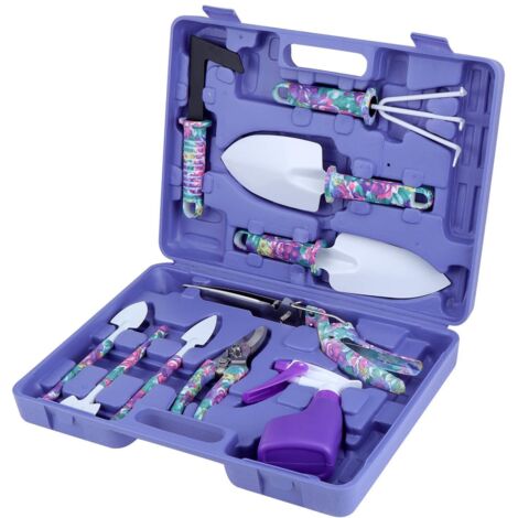 Outils de Jardinage avec 10 Pièces avec Ciseaux,Pelles,Râteaux et Pulvérisateur Poignée Ergonomique Antidérapante et Antirouille - Boîte de Rangement (Violet)