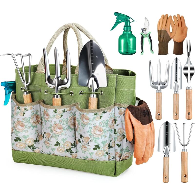 Outils de Jardinage, lot de 2 9 pièces Ensemble de Jardinage en Acier Inoxydable avec XL Sac de Rangement, Arrosoir, Gants de, Cadeaux de kit