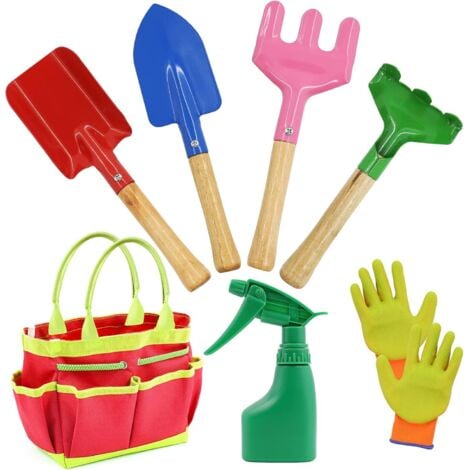 KMOND Outils de Jardinage pour Enfants,7 Pièces Jouet de Jardin Enfant avec Arrosoir,Gants,Râteau,Pelle,Outils de Jardin Kit pour Enfant Cadeau pour Bébé Préscolaire