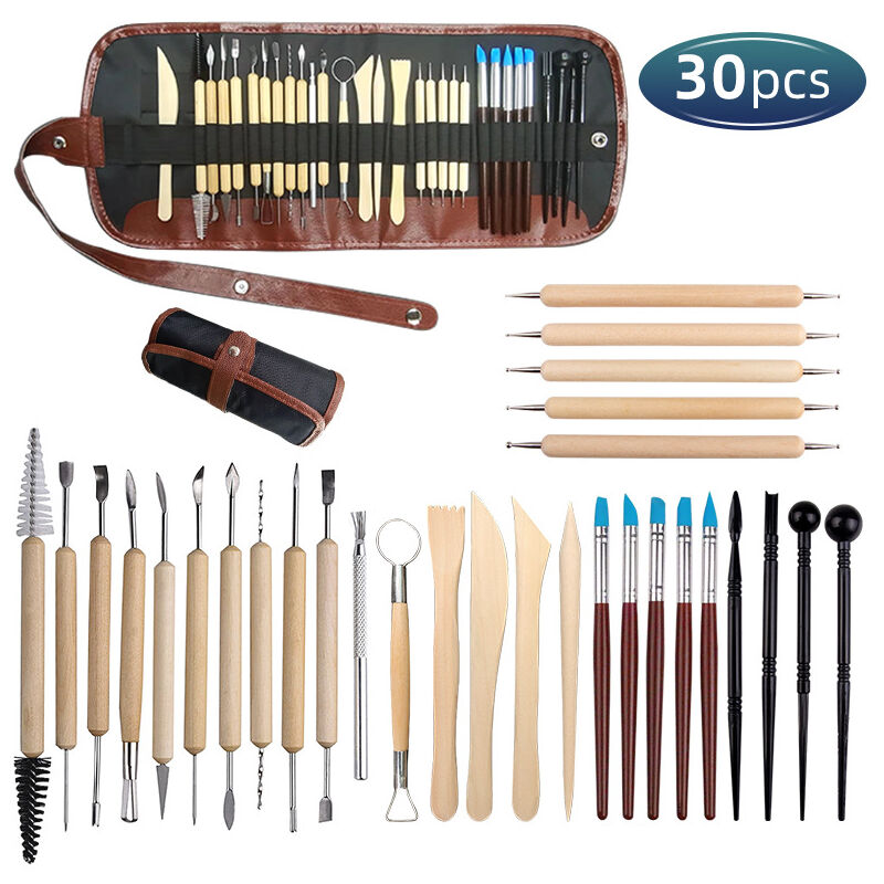 Outils de poterie, 30 pièces outils de poterie en argile en bois et en acier inoxydable, outils de sculpture, outils de poterie en argile,
