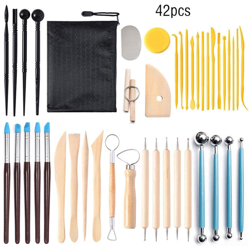 Outils de poterie, 42 pièces outils de poterie en argile en bois et en acier inoxydable, outils de sculpture, outils de poterie en argile,