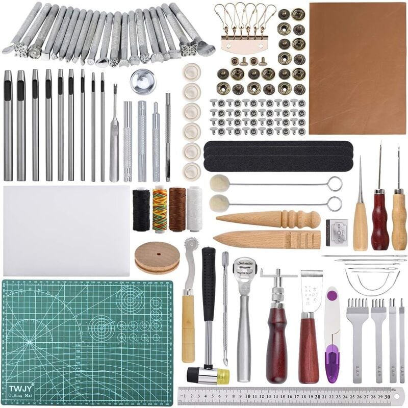 Outils de travail du cuir 110 Pcs Outils et fournitures de travail en cuir Outils de travail des outils en cuir pour estamper Rivets Outils Coudre