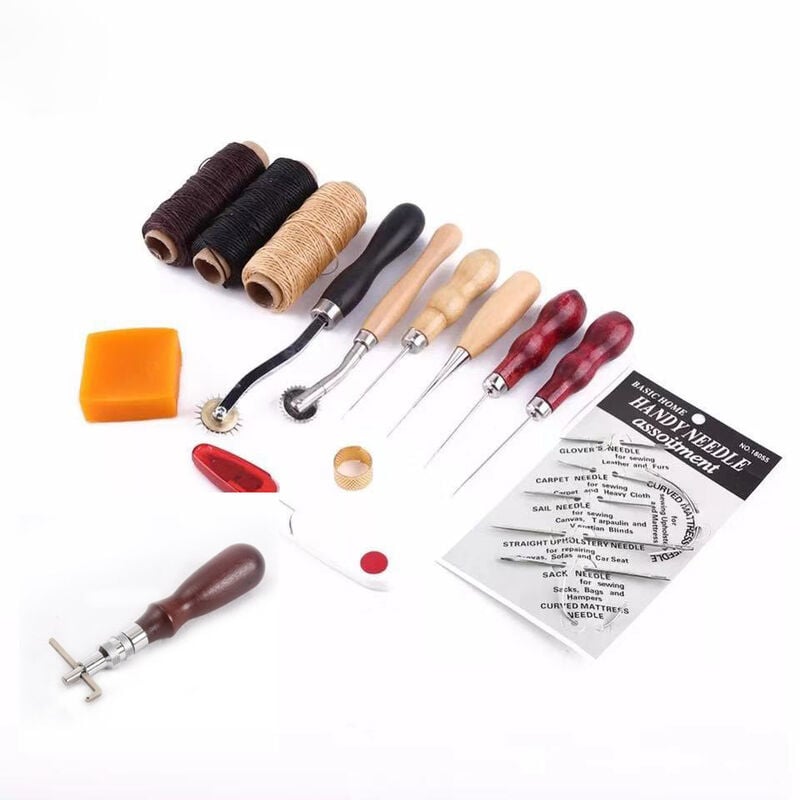Outils de travail du cuir, couture à la main fil à coudre poinçon ciré dé à coudre kit 14 pièces outils de réparation de couture en cuir pour coudre