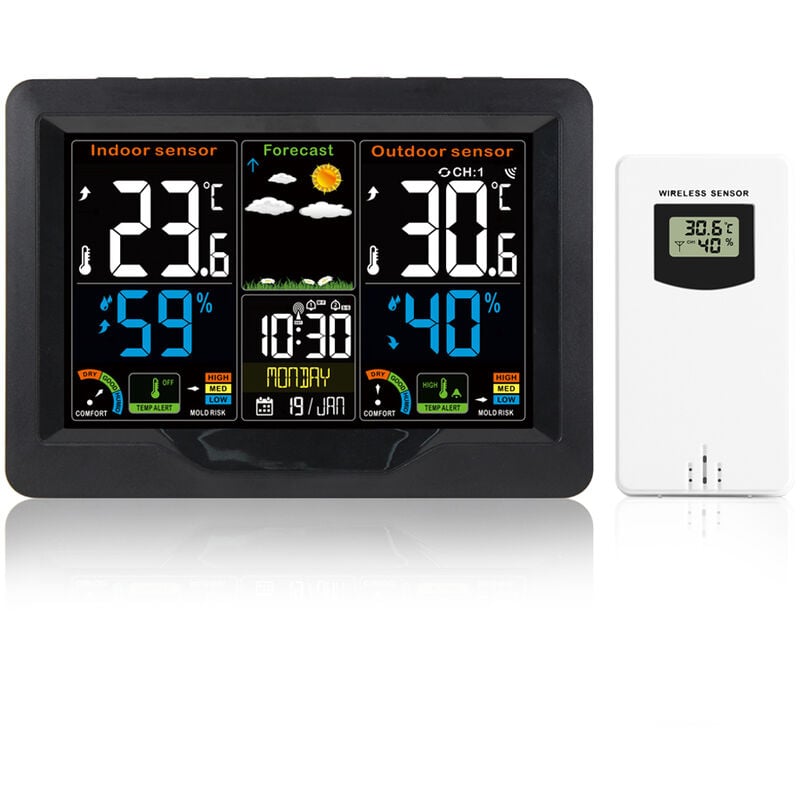 L&h-cfcahl - Station météo écran couleur horloge numérique baromètre thermomètre hygromètre capteur extérieur avec tendance noir 1pcs la fonction de