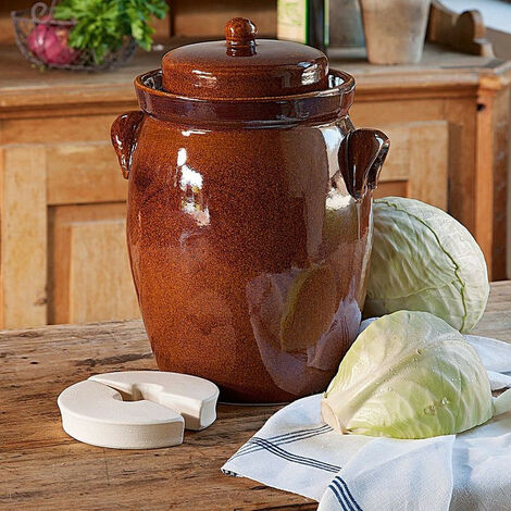 Outils Et Nature – Pot à choucroute en grès émaillé 5L – Avec 2 pierres demi-lune – Joint à eau pour fermentation optimale – Lacto-fermentation maison