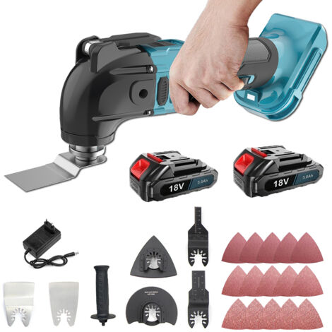 Outils multifonctions oscillants sans fil, outil multifonctionnel + 22 lames, 6 vitesses, pour couper, sculpter, percer, meuler, polir, 2 batteries 3,0A+chargeur, compatibles avec les batteries Makita