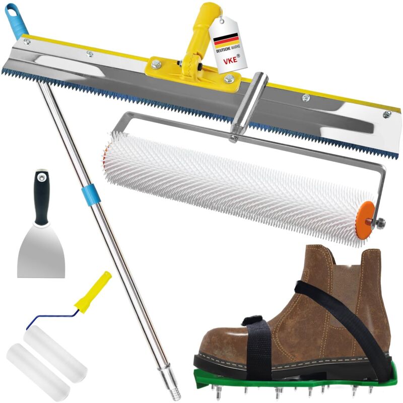 Outils pour béton autonivelant, raclette en acier inoxydable pour époxy, rouleau à picots pour autonivelant avec rallonge de 160 cm, chaussures pour