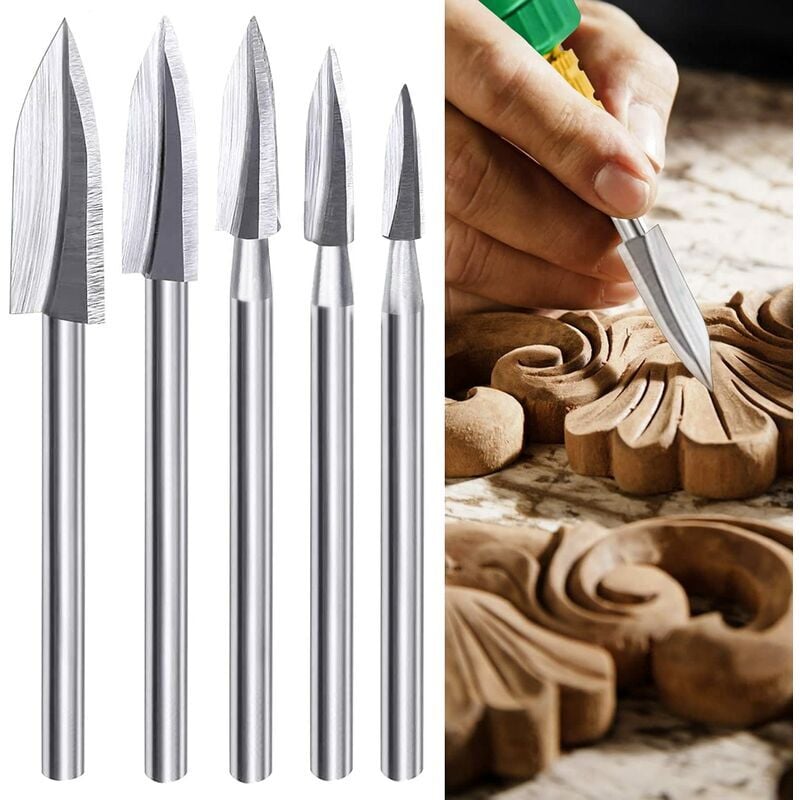 Outils Sculpture sur Bois 5 Pièces Wood Carving and Engraving Drill Bit Set pour Fraise à Bois Accessoires pour le Bricolage, la Gravure et le