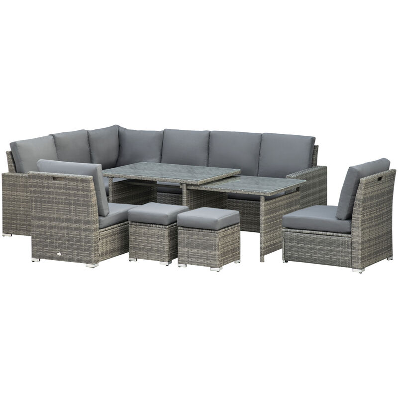 Outsunny 10-Seater Sofa Sectional w/ Cushioned Seat, Footstools and Glass Table Grey