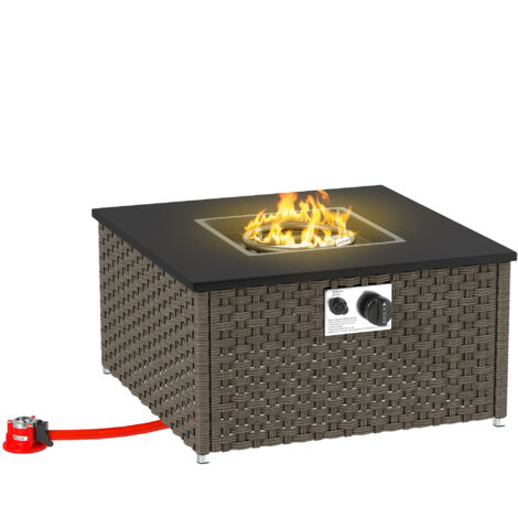 Outsunny 13 KW Rattan Gas Fire Pit Table, Propane Fire Pit for Garden, Grey