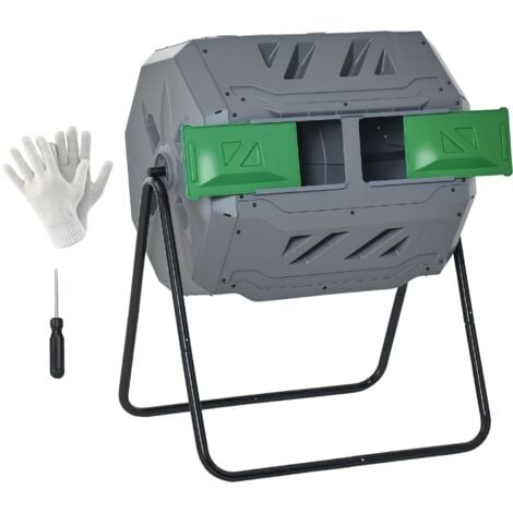 Outsunny 160L Tumbling Compost Bin Outdoor Dual Chamber 360° Rotating Grey