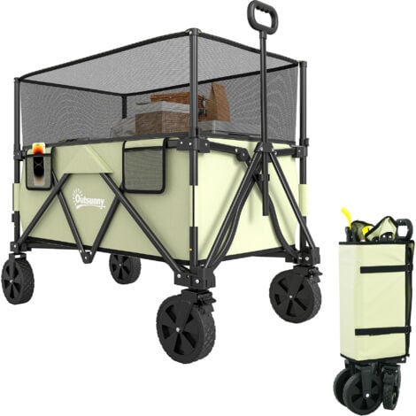 Outsunny 180L Folding Garden Trolley Wagon Cart w/ Extendable Side Walls Khaki